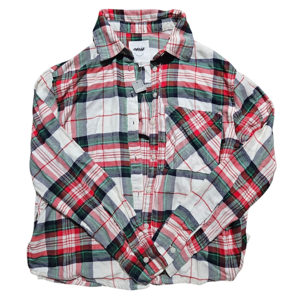 NWT Aerie Plaid Button Down Shirt Red Green White Flannel Long Sleeve XXS